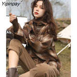 Yipinpay 2023 Winter Vintage Long Sleeve Plaid Women Shirt Korean Style Loose Turn Down Collar Button Up Ladies Tunic Blouse Tops