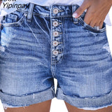 Yipinpay Sexy Stretch Ripped Button Up Denim Shorts Women Mid Waist With Pocket Wash Distressed Blue Cotton Hole Rave Jean Shorts