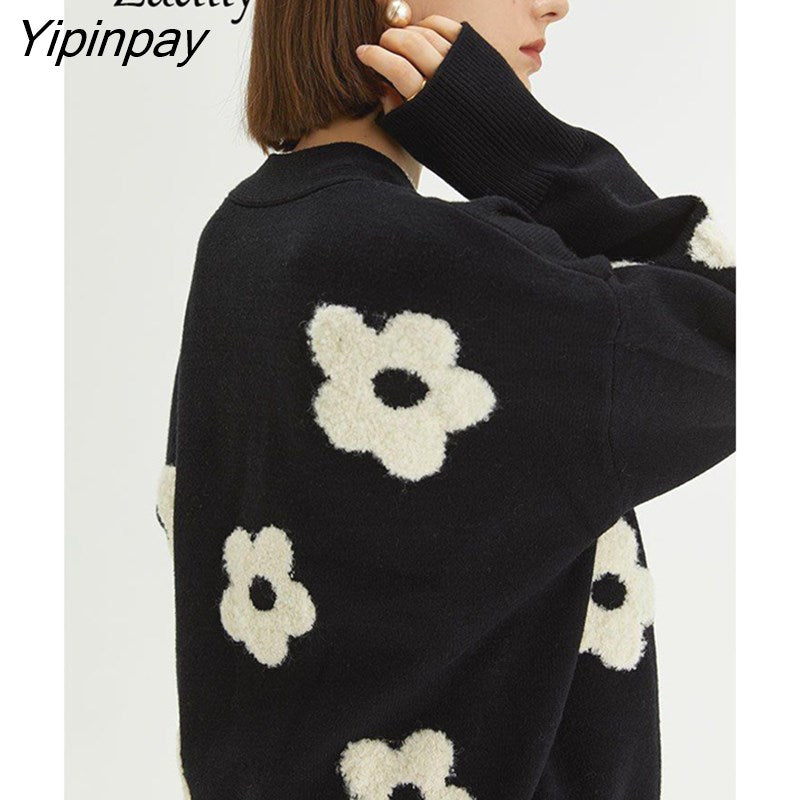 Yipinpay 2023 Winter New In Vintage Floral EmbroideryLoose Women Knit Cardigan Korea Style Button Up Ladies Sweater Coat Clothing