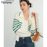 Yipinpay 2023 Winter Office Lady Long Sleeve Stripe Women Shirt Korean style Button Up Hollow Out Knit Blouse Spring Women Tops