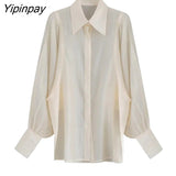 Yipinpay 2023 Autumn Office Lady Long Batwing Sleeve Shirt Women Button Up Folds Loose Blouse Tunic Work Female Clothing Tops