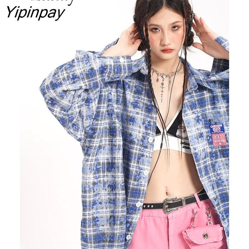 Yipinpay 2023 Spring Streetwear Long Sleeve Plaid Print Shirt Women Oversize Button Up Turn Down Collar Ladies Tunic Blouse Tops