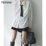 Yipinpay 2023 Spring Minimalist Long Sleeve Embroidery Shirt Women Korean Style Solid Tie Oversize Shirts Blouse Loose JK Tops