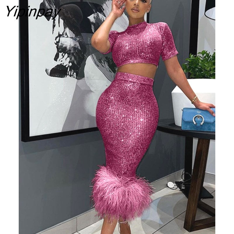 Yipinpay Women Sequins Skirt 2piece Set Female Cropped Slim Blouse Hemline Artificial Feather Bodycon Skirt Suits 2023 Sexy Streetwear