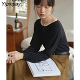 Yipinpay 2023 Winter Minimalist New In Patchwork Long Sleeve Women Sweaters Korea Style O Neck Button Knit Pullovers Female Tops