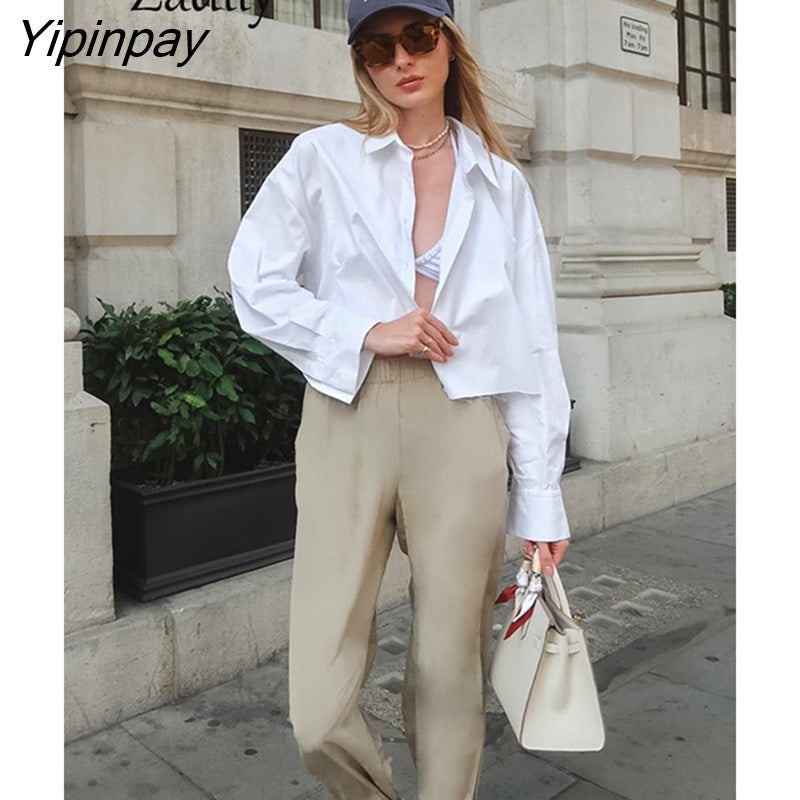 Yipinpay 2023 Spring Minimalist Long Sleeve Women White Shirt Korea Style Button Up Woman Crop Tops Blouse Party Female Clothing