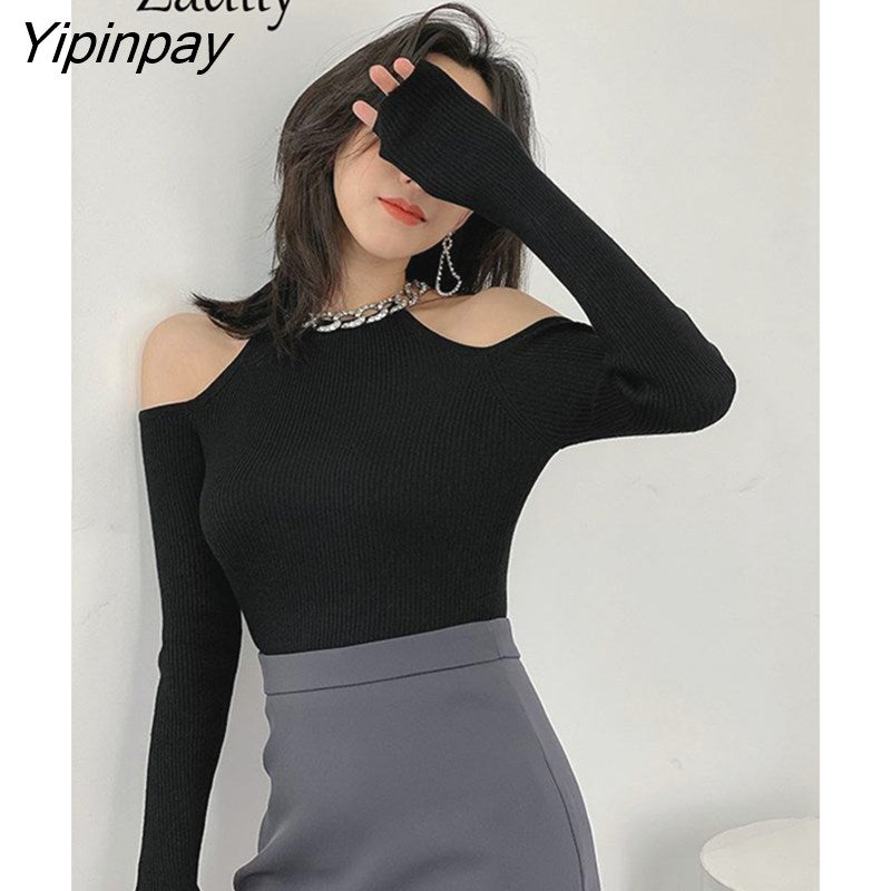 Yipinpay Winter Sexy Off The Shoulder Long Sleeve Women Sweater Korea Style Slim Fit High Strech Knit Pullover 2023 New In Tops