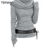 Yipinpay Autumn Sweater Women Colorblock Zip Embellished Hooded Sweater Oversized Warm Female Pullovers Casual Jumper Tops