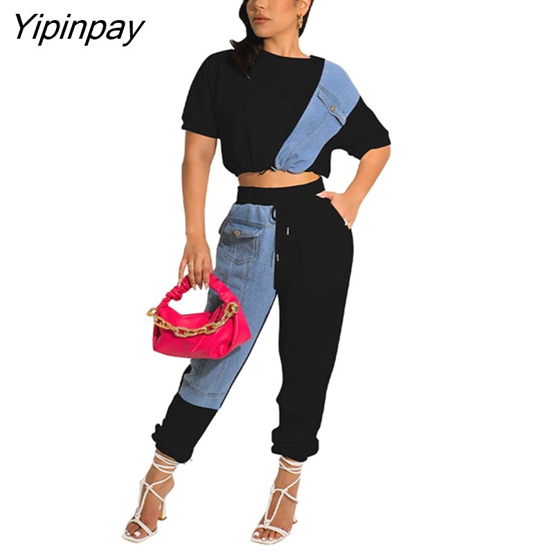 Yipinpay Women Cropped Blouse And Pants Two Piece Set 2023 Summer Tee And Jogger Pants Tracksuit Outfits Female Denim Patchwork Sweatsuit