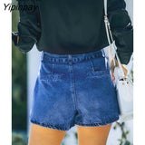 Yipinpay Dark Blue Cotton Skinny Jean Shorts With Belts Pockets Women High Waist Trousers Streetwear Drawstring Sexy Denim Shorts