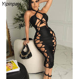 Yipinpay Solid Roped Sleeveless Hollow Lace Up Dress Women Pleated Halter Skinny Skirts Female Summer Backless Bodycon Smocked Skirt