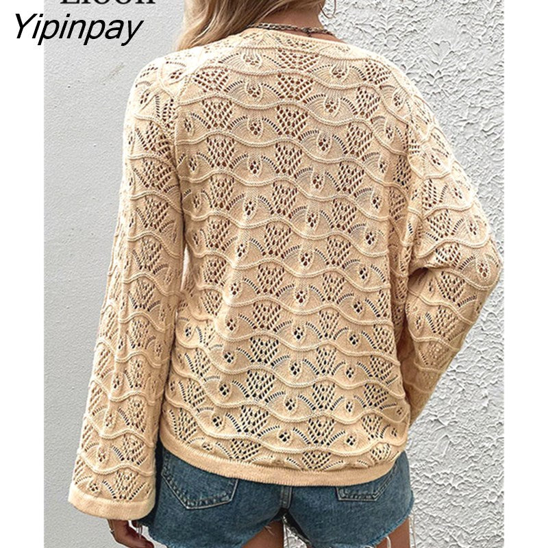 Yipinpay Sexy Drawstring Ruched Knit Tops Women Pullover Sweater Female Jumper Flare Sleeve Hollow Out Asymmetrical Loose Sweaters