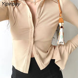 Yipinpay Street Style Long Sleeve Slim Women Short Shirt Sexy Elasticity Solid Button Ladies Blouse 2023 Summer Female Crop Tops