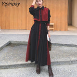 Yipinpay Spring Korean Women Maxi Dress Vintage Patchwork Button Up Turn Down Collar Shirt Dress Plus Size Detachable Shawl Robe