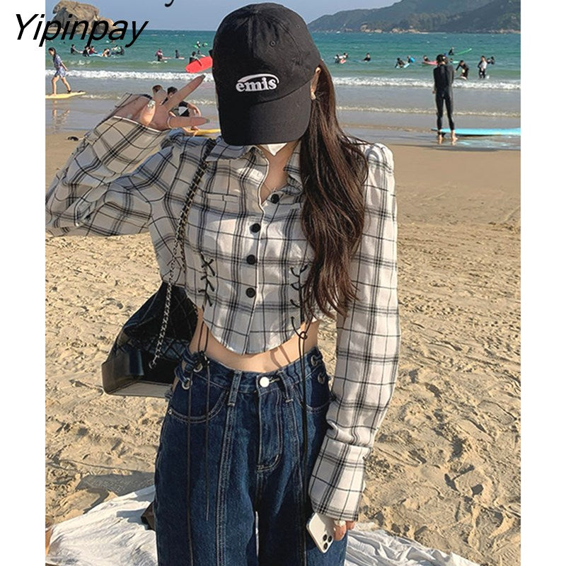 Yipinpay 2023 Autumn Street Style Long Sleeve Plaid Shirt Women Y2K Button Up Bandage Ladies Crop Tops Female Sexy Blouse Clothing