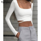 Yipinpay Women's Square Collar Y2K Crop Tops Tees Sexy Slim Long Sleeve Basic T Shirt Female T Shirt Autumn Solid Fashion Streetwear