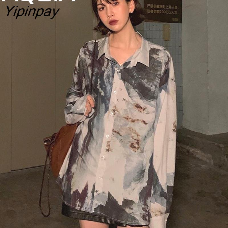 Yipinpay Casual Abstract ink printing Long Sleeve Women Blouse Tunic Shirt Turn-Down Collar Loose 2023 Spring Oversize Ladies Tops