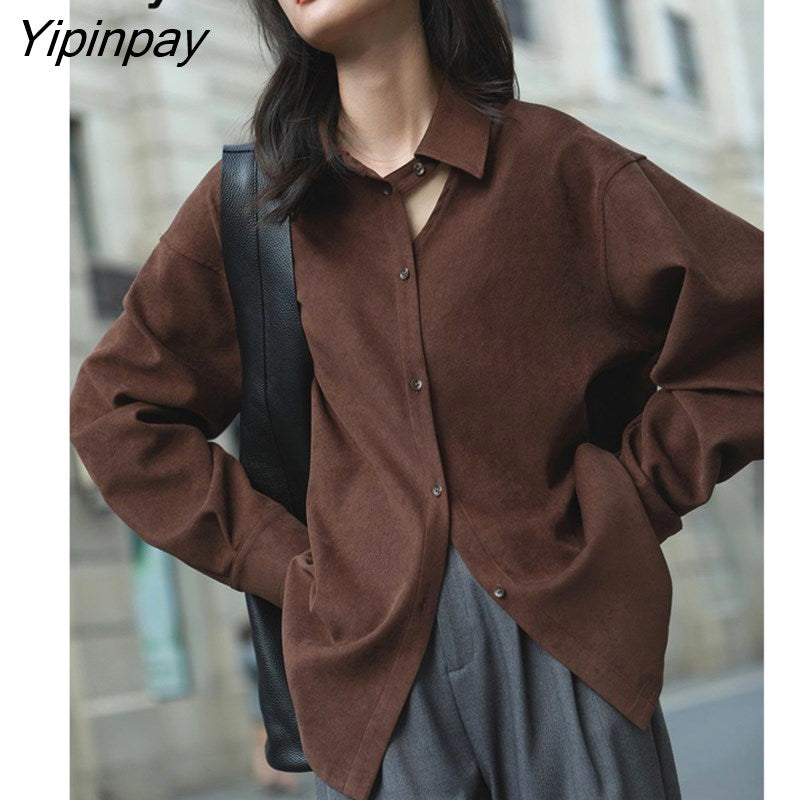 Yipinpay Spring Office Lady Long Sleeve Corduroy Thick Women Shirt Korean Style Hollow Out Button Up Blouse Female Work Clothes Tops