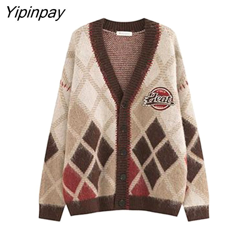 Yipinpay 2023 Winter Vintage Argyle Long Sleeve Women Knit Cardigan Korean Style Oversize Button Sweater Female Clothing Coat Tops
