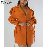 Yipinpay Vintage Lace Up Puff Sleeve Female Mini Dress V Neck Single Breasted Bodycon Dresses Sexy Pockets Sexy Suit Fabric Robe