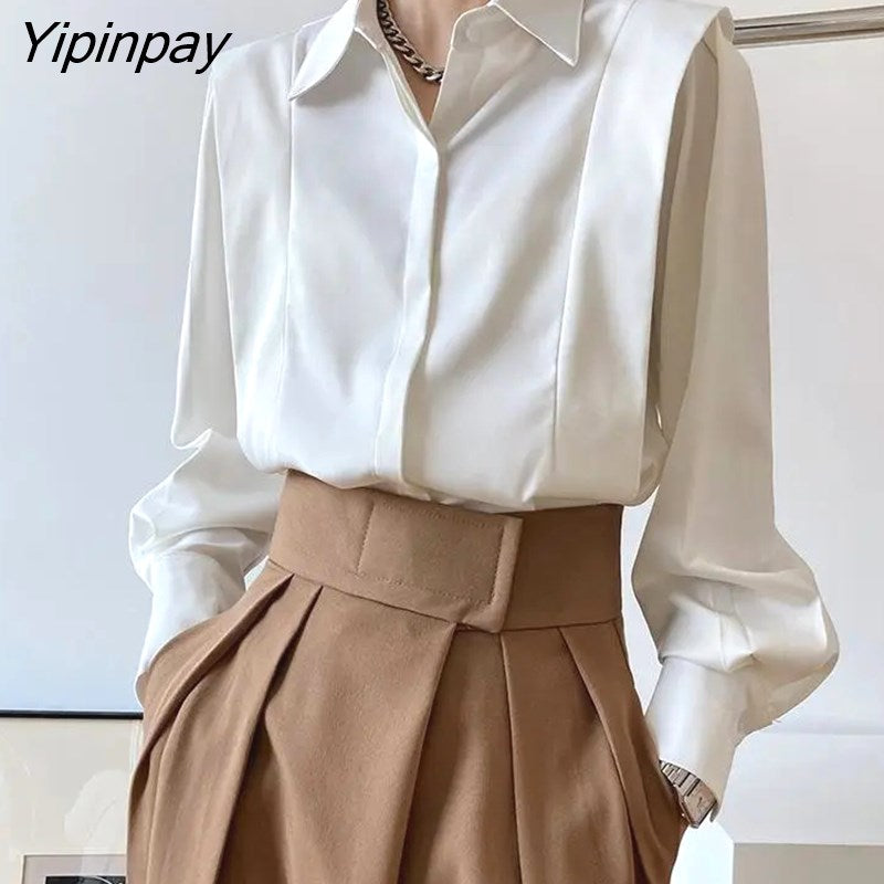 Yipinpay 2023 Summer Elegant Long Sleeve Solid Work Shirt Women Office Lady Button Up White Shirt Blouse Casual Female Clothes