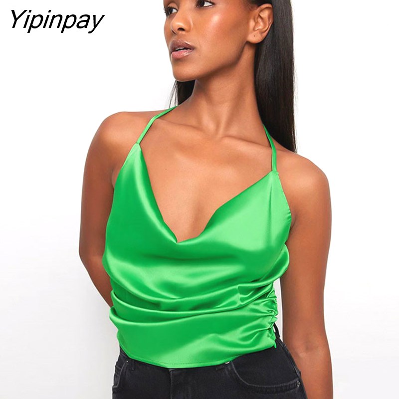 Yipinpay Sexy Ruched Satin Halter Tops Women Short Vest 2023 Summer Backless Camis Streetwear Sleeveless V Neck Black Crop Top