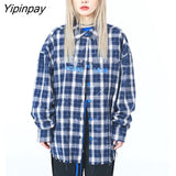 Yipinpay 2023 Autumn Oversize Full Sleeve Plaid Long Shirt Women Streetwear Button Up Letter Print Female Tunic Blouse Clothing