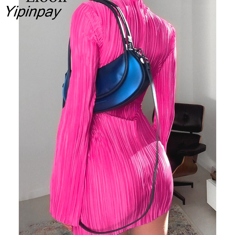 Yipinpay Flare Sleeve Short Pleated Dresses For Women Robes New 2023 Spring Streetwear Rose Red Vestidos Sexy Bodycon Mini Dress