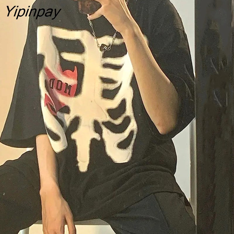 Yipinpay t-shirt female Top y2k Harajuku tops retro print skull bone Loose t-shirts with short sleeve anime graphic Shirt