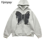 Yipinpay Fashion Oversized Butterfly Rosette Graphic Bow-Knot Zip Up Hoodies E-girl 90s Streetwear Bow Grey Long Jacket Autumn