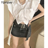 Yipinpay 2023 Summer Y2K Flying Sleeve White Shirt Women Street Style Button Up Ladies Crop Tops Party Female Blouse Clothing