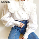 Yipinpay Sleeve Ruched Shirts Sexy Cardigan Tops And Blouses Autumn 2023 Long Sleeve Turndown Collar Women Baggy White Blouse