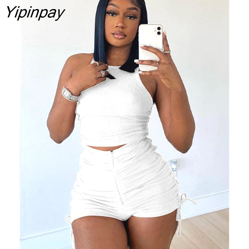 Yipinpay Women Crop Top And Drawstring Zipper Rib Shorts 2 Piece Sets Summer Casual Sport Outfits2023 Sexy Sleeveless Blouses Suits