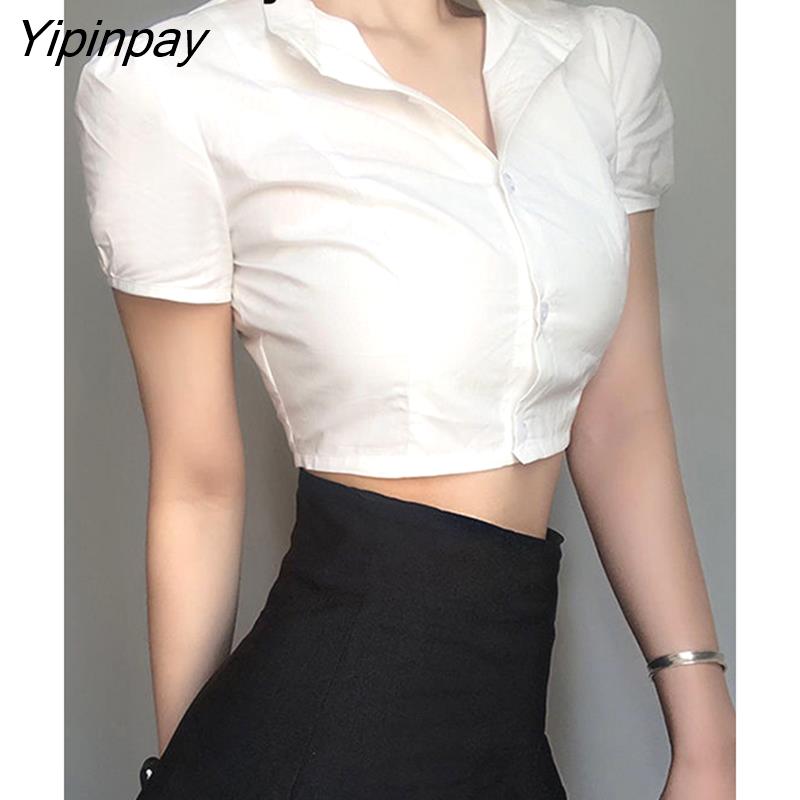 Yipinpay Sexy White Shirt Women Stand Neck Button Short Sleeve Slim Crop Blouse 2023 Summer New Party Y2k Female Clothing Tops
