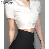 Yipinpay Sexy White Shirt Women Stand Neck Button Short Sleeve Slim Crop Blouse 2023 Summer New Party Y2k Female Clothing Tops