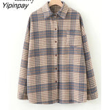 Yipinpay Casual Korean Style Long Sleeve Plaid Wool Liner Shirt Women 2023 Winter Button Up Loose Thick Ladies Tunic Blouse Tops