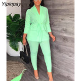 Yipinpay Women Casual Drawstring Blazer Two Piece Suit Female V Neck Lace Up Coat Pencil Pants Two Piece Set 2023 Elegant Office Outfits