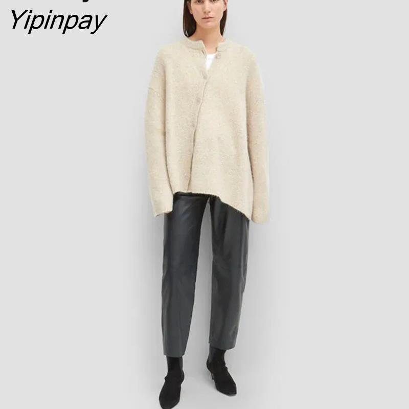 Yipinpay Winter Minimalist Style Irregular Button Up Women Sweater Chic Solid Knit Ladies Cardigan Coat Female Clothing Outwear
