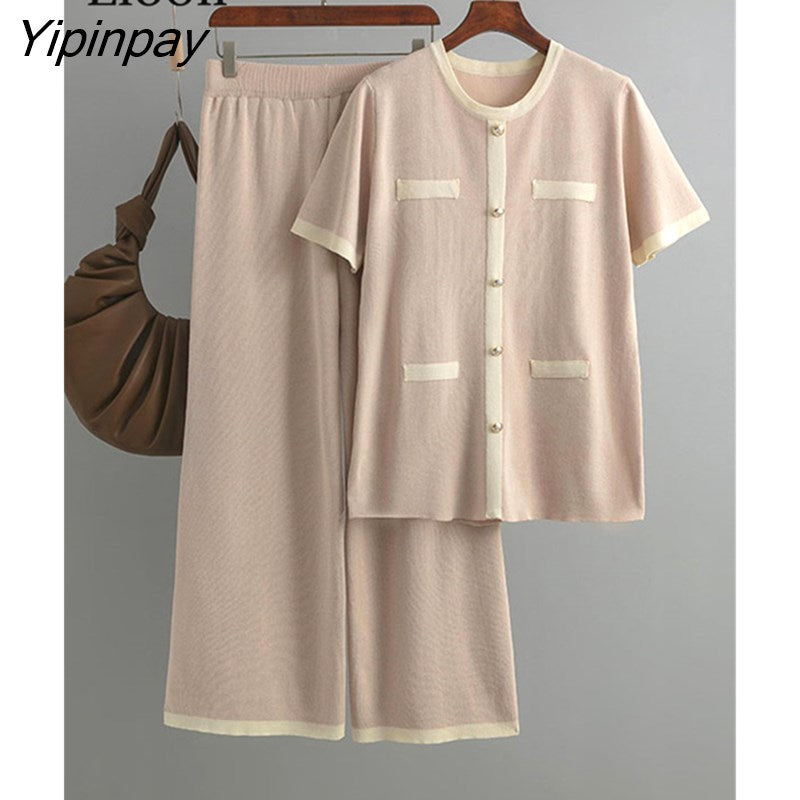 Yipinpay Color Block Knit Two Piece Set Women Button Tops And Wide Leg Pants High Waist Patchwork Knitwear Outfits Summer Sets