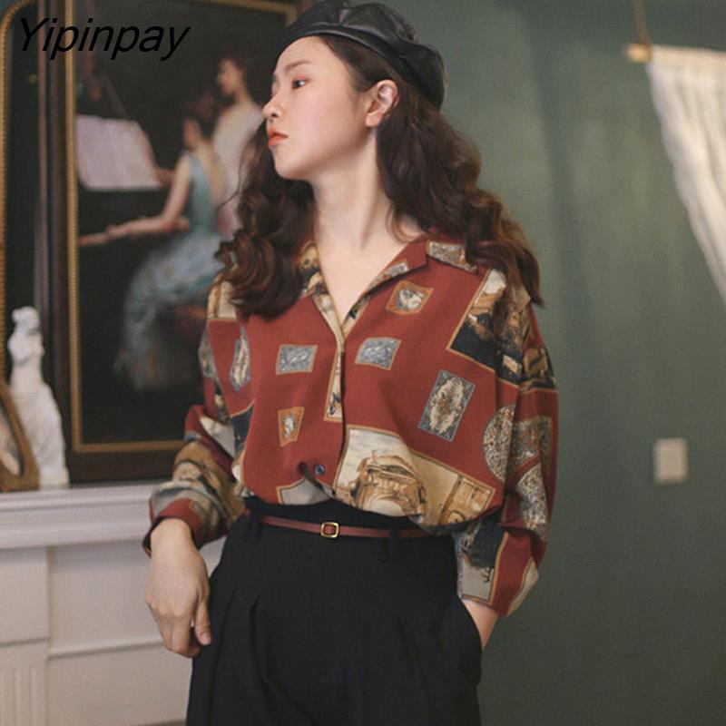 Yipinpay Spring Vintage Print Oversize Women's Shirt Red Blouse Long Sleeve Ladies Tops Plus Size Button Up Fashion Female Clothing