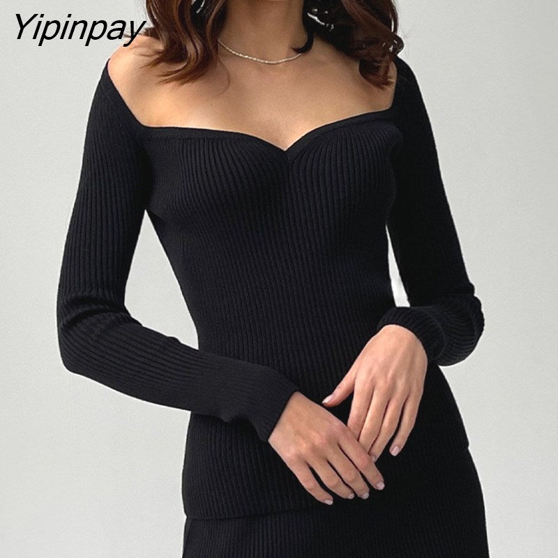 Yipinpay Sexy Knit T Shirt Women Ribbed Top Autumn Long Sleeve Square Collar Basic Tees Bodycon Tshirt Streetwear Black White Tops