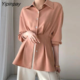 Yipinpay 2023 Autumn Korean style Long Sleeve Folds White Shirt Women Office Lady Slim Wist Button Up Tunic Blouse Female Tops