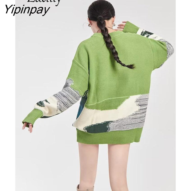 Yipinpay 2023 Winter Oversize O Neck Women Sweaters Korea Style Patchwork Long Sleeve Ladies Knit Pullovers Female Clothing Tops