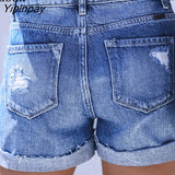 Yipinpay Sexy Stretch Ripped Button Up Denim Shorts Women Mid Waist With Pocket Wash Distressed Blue Cotton Hole Rave Jean Shorts