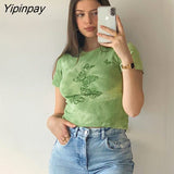 Yipinpay Green Crop Top y2k Aesthetic T Shirt Short Sleeve O Neck Pullovers Women Harajuku Cute Tee Summer Retro 90s clothes