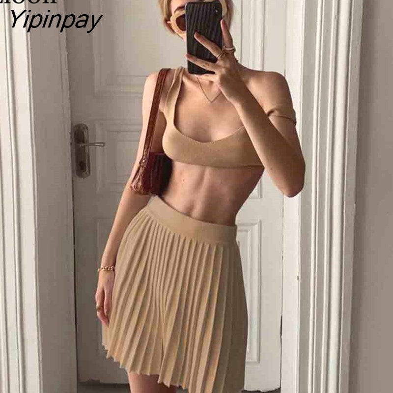 Yipinpay Knitted Two Piece Set Sexy Short Corset Tank Tops And Pleated Skirts High Waist Stretch Black White Knitwear Outfits Sets