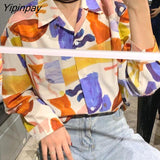 Yipinpay Spring Casual Graffiti Print Oversize Women's Tunic Shirt Blouse Long Sleeve Ladies Tops Plus Size Button Up Female Tops