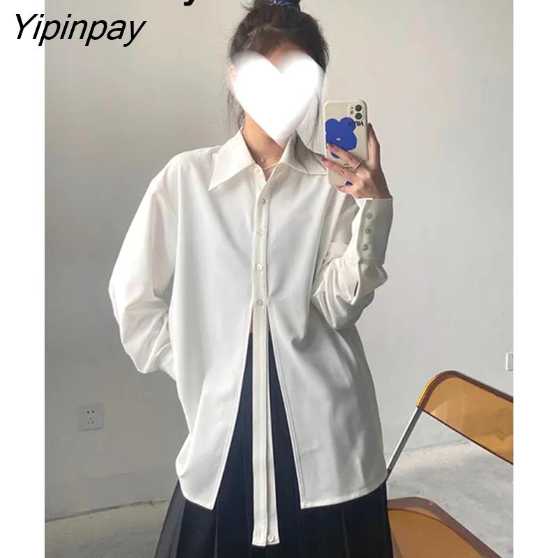 Yipinpay 2023 Summer Streetwear Long Sleeve Bandage White Shirt Women Korean style Button Up Casual Blouse Office Lady Female Tops