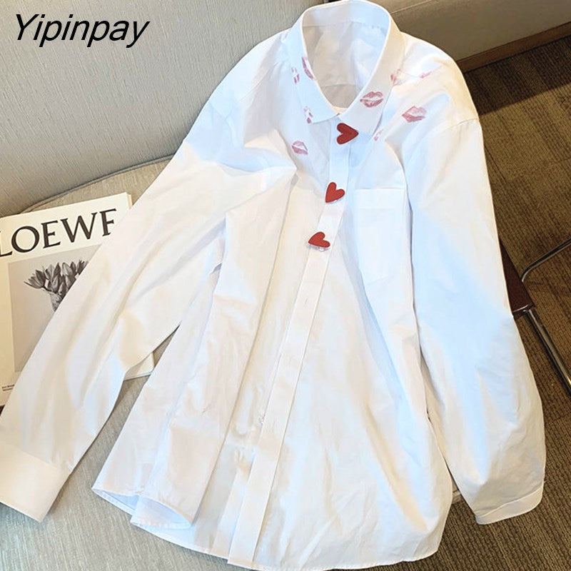 Yipinpay 2023 Autumn Full Sleeve Long White Shirt Women Streetwear Lip Print Oversize Ladies Tunic Blouse Female Clothing Tops