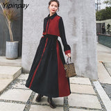 Yipinpay Spring Korean Women Maxi Dress Vintage Patchwork Button Up Turn Down Collar Shirt Dress Plus Size Detachable Shawl Robe